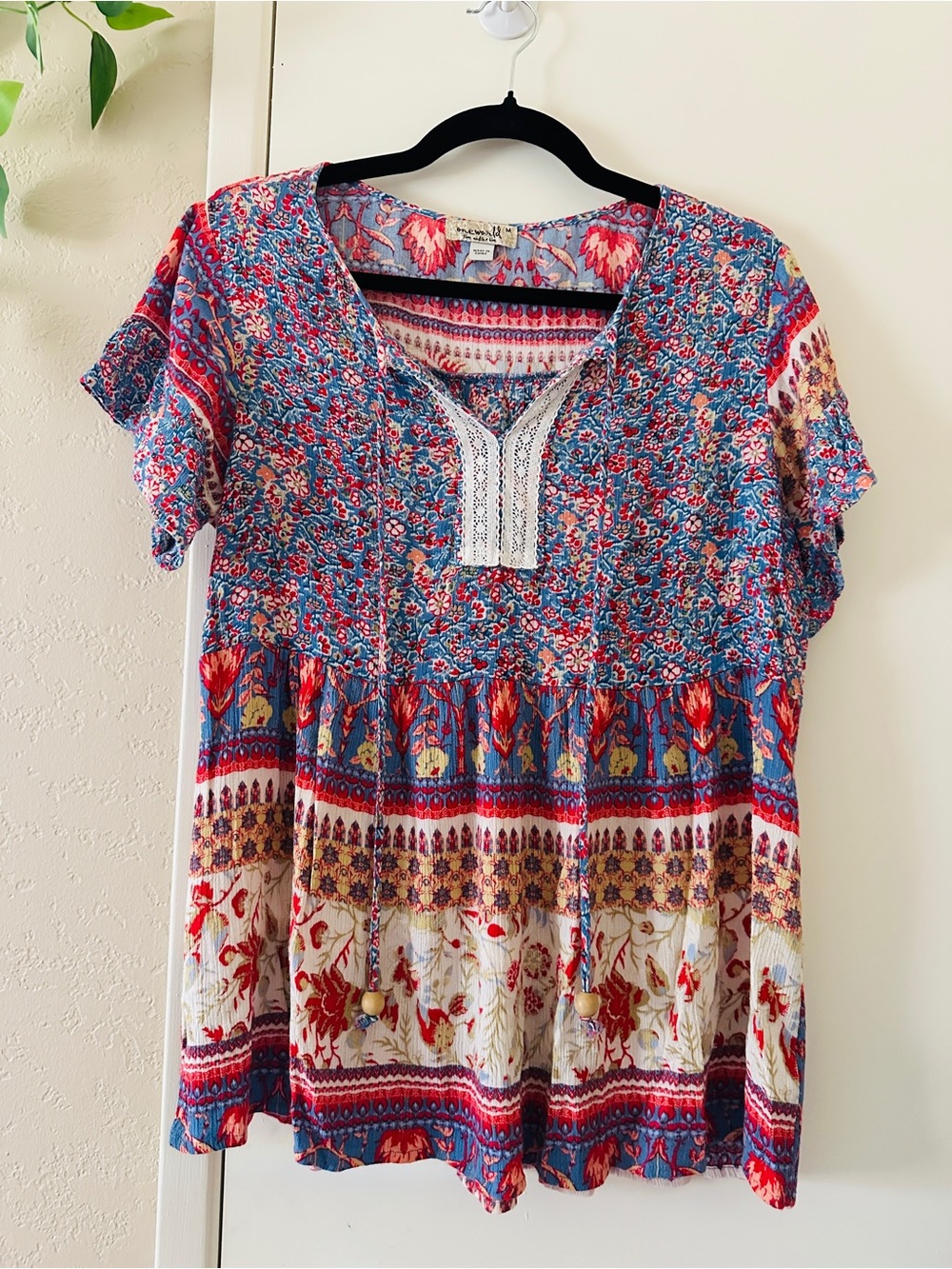 ONE WORLD Boho Peasant Blouse -Size Medium- Colorful